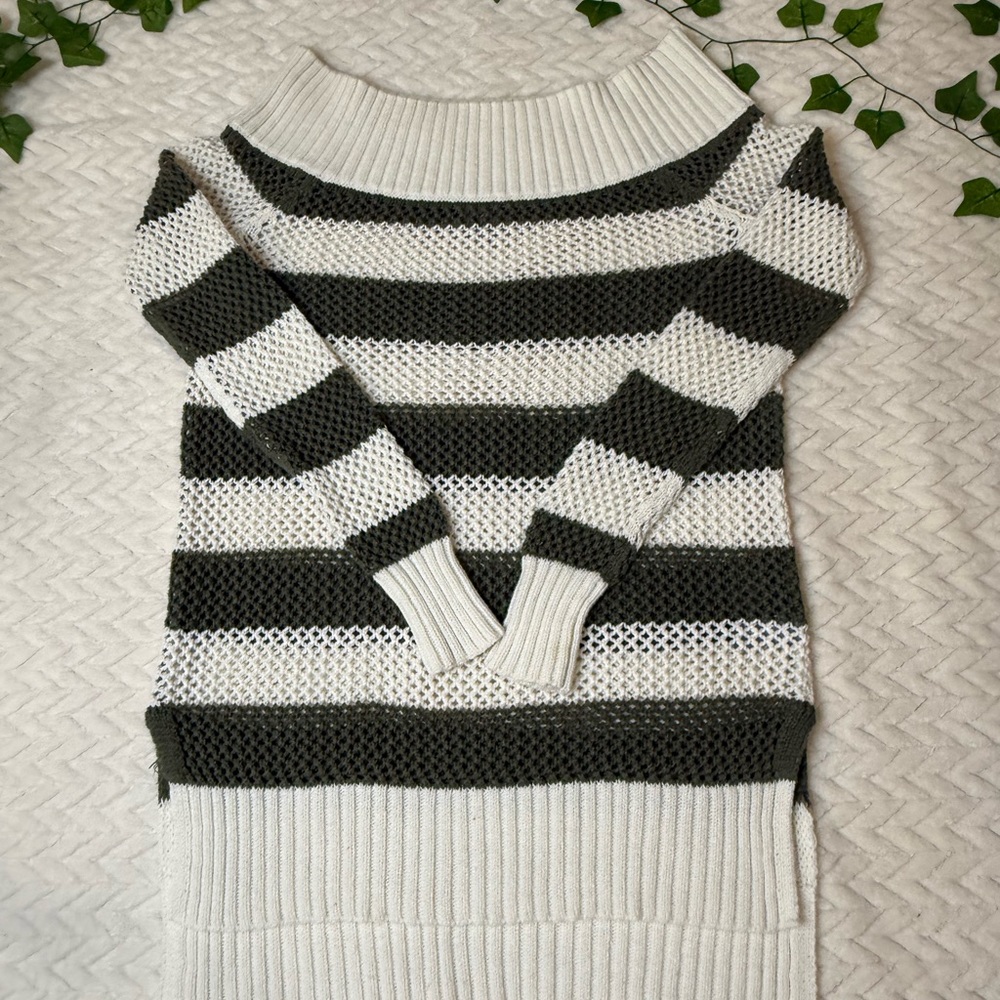 Aerie White and Gray Striped Cowl Neck Sweater